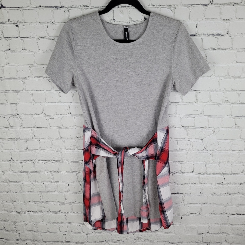 DESIGN LAB LORD & TAYLOR | short sleeve jersey faux wrap flannel shirt dress